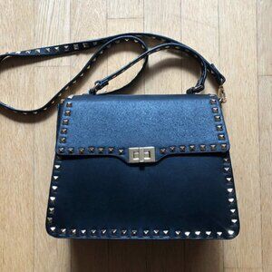NWT INZI Black Vegan Leather Gold Studded Handbag Large Crossbody Strap